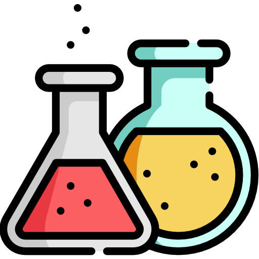 Two chemical testing flasks, a triangular flask containing a red bubbling liquid evaporating and a round flask containing a yellow bubbling liquid