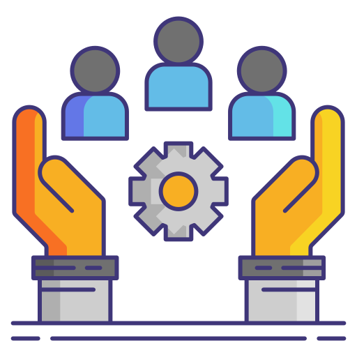 Pair of hands around a cog systems symbol and a group of three people to signify a quality management system