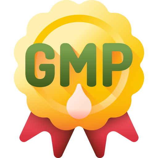 Gold medal with GMP written in green and red ribbons with a drop of liquid product