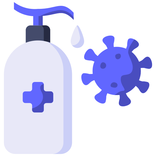 Bottle of hand sanitizer dispensing a drip onto a blue virus