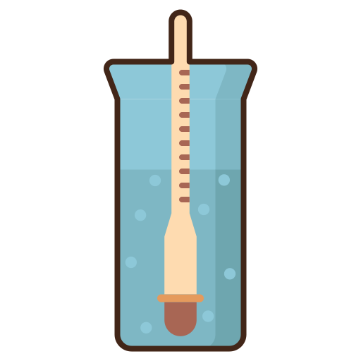 Hydrometer as a long glass rod with interval markings and a bulb at one end floating at a specific level in a tall beaker of blue liquid