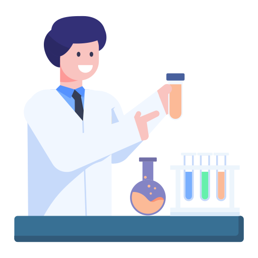 Smiling lab technician in white coat pointing at a test tube with orange liquid versus a choice of three standards blue, green and orange to validate a test method