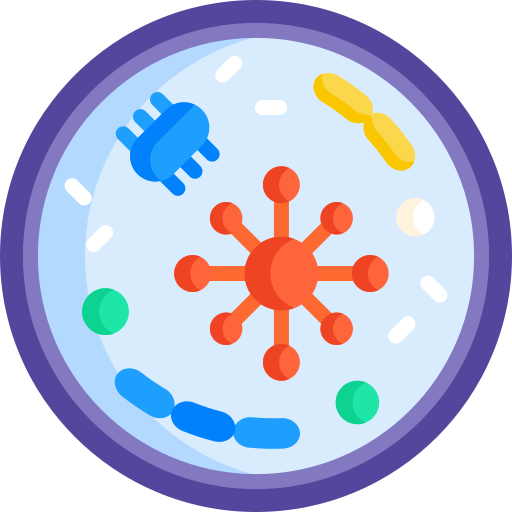 Blue round micro growth media plate growing a red microorganism with 8 legs, a blue and yellow cocci rod bacteria and white and green yeast and moulds