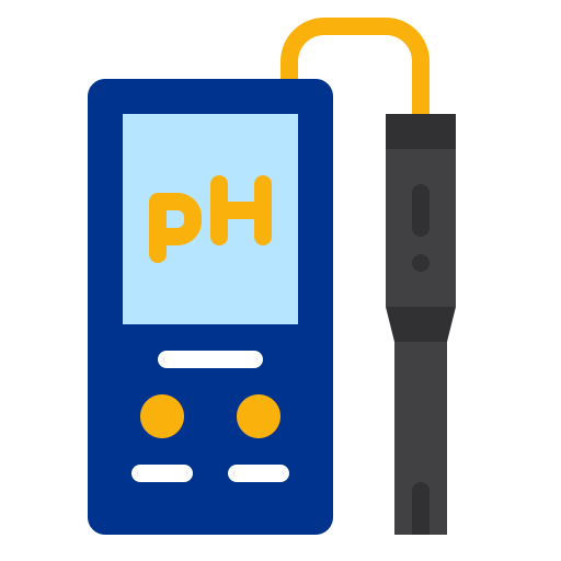 Handheld blue pH meter with yellow round buttons white switches and  black probe