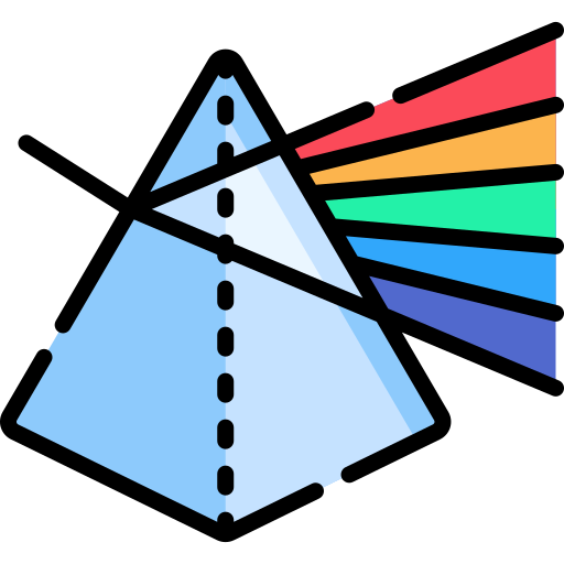 Pyramid shaped glass prism refracting white light changing its direction and splitting it into colours of the rainbow