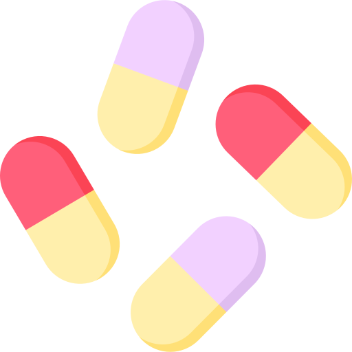 Four capsules of same size, two red and yellow, and two purple and yellow