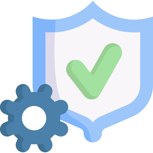 Dark blue cog representing processes in front of a large blue shield with a green tick on white background representing a successful quality system