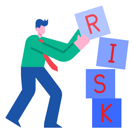 Strong man trying to stabilise four blocks spelling the word risk wearing green shirt and red tie