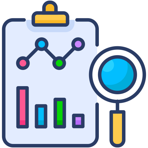 Magnifying glass to review product quality review of trends on a bar chart and line graph