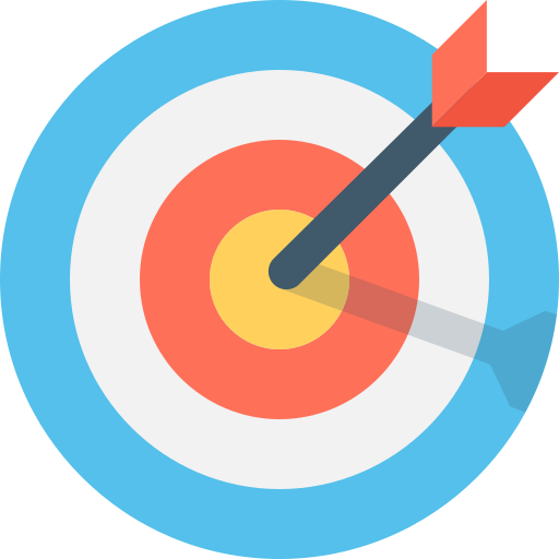 In specification as a round archery target with blue, white, red, and yellow rings with an arrow in the middle yellow bullseye