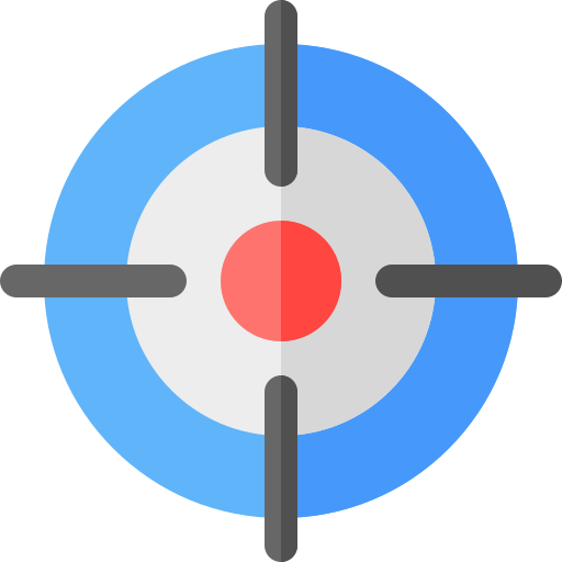Target specification of red bullseye in centre of the circle surrounded by outer white and blue rings and gun sight crosshairs