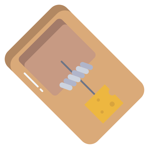 Comic pest control icon showing a mousetrap with a piecr of cheese
