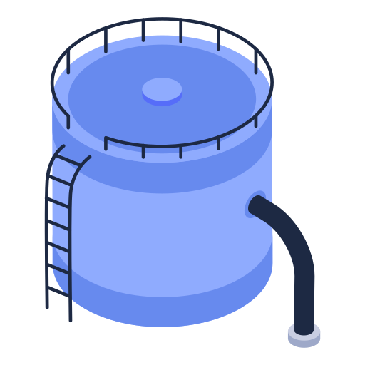 Large round cylindrical tank of water with a ladder on the side, a guard rail on the top and an outflow pipe from the middle